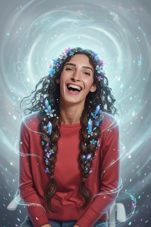 a portrait of a woman with fantasy braids, hair intertwined with flowers and crystals, ethereal lighting, digital art style.
