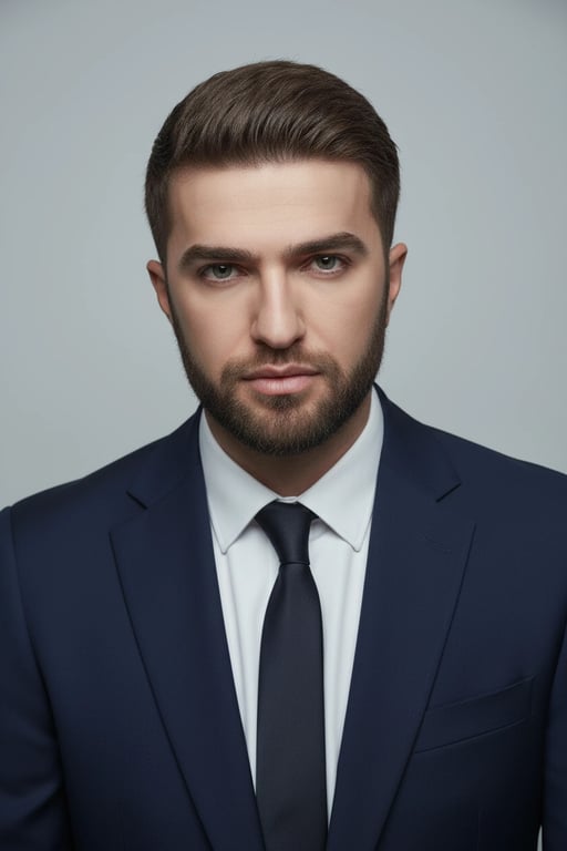 a portrait of a man, ai business portrait, sharp focus on face, professional haircut, subtle skin retouching, clean background.