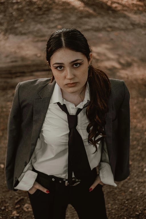 a portrait of a person styled as an anime sword fighter, wearing traditional-inspired layered outfit, wide sleeves, structured silhouette, bold shadows, and strong directional lighting