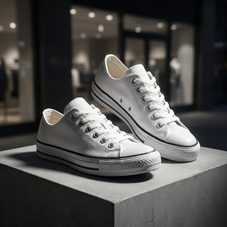 Refine the white sneaker into an elegant display on a high street in a studio setting with dramatic, directional lighting that highlights its facets, creating strong contrasts and a sharp, modern aesthetic.
