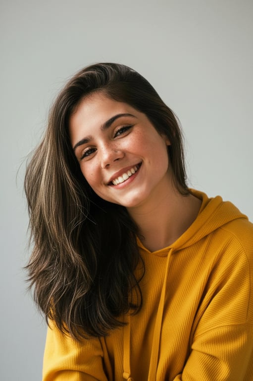 a portrait of a person looking directly at the camera with a warm, confident smile, against a clean and simple background