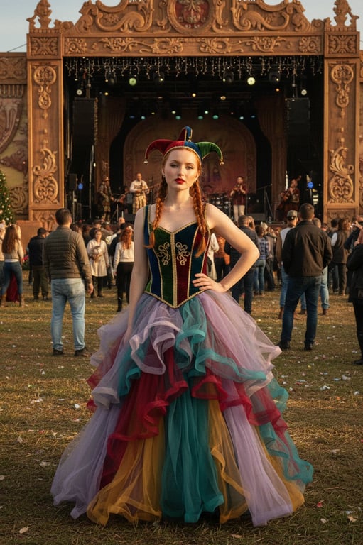 renaissance festival outfits filter after transformation - portrait in a jester bard outfit with festive crowd ambience