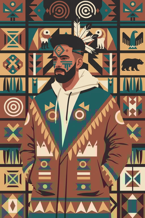 a portrait of a person illustrated in a traditional Native American symbolic aesthetic with simplified anatomy, earth-inspired colors, flat composition, and cultural pattern influence