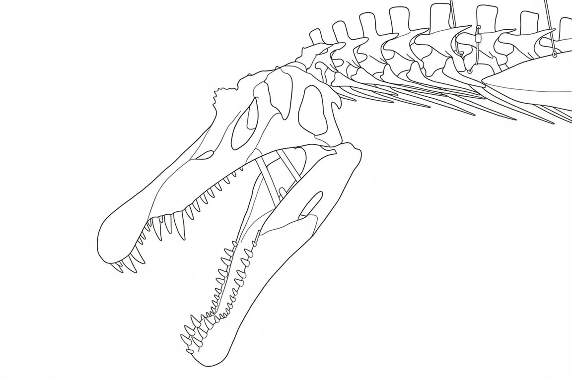 a line drawing of a dinosaur, simple outlines, large areas to color, no shading, clean edges, coloring page style.