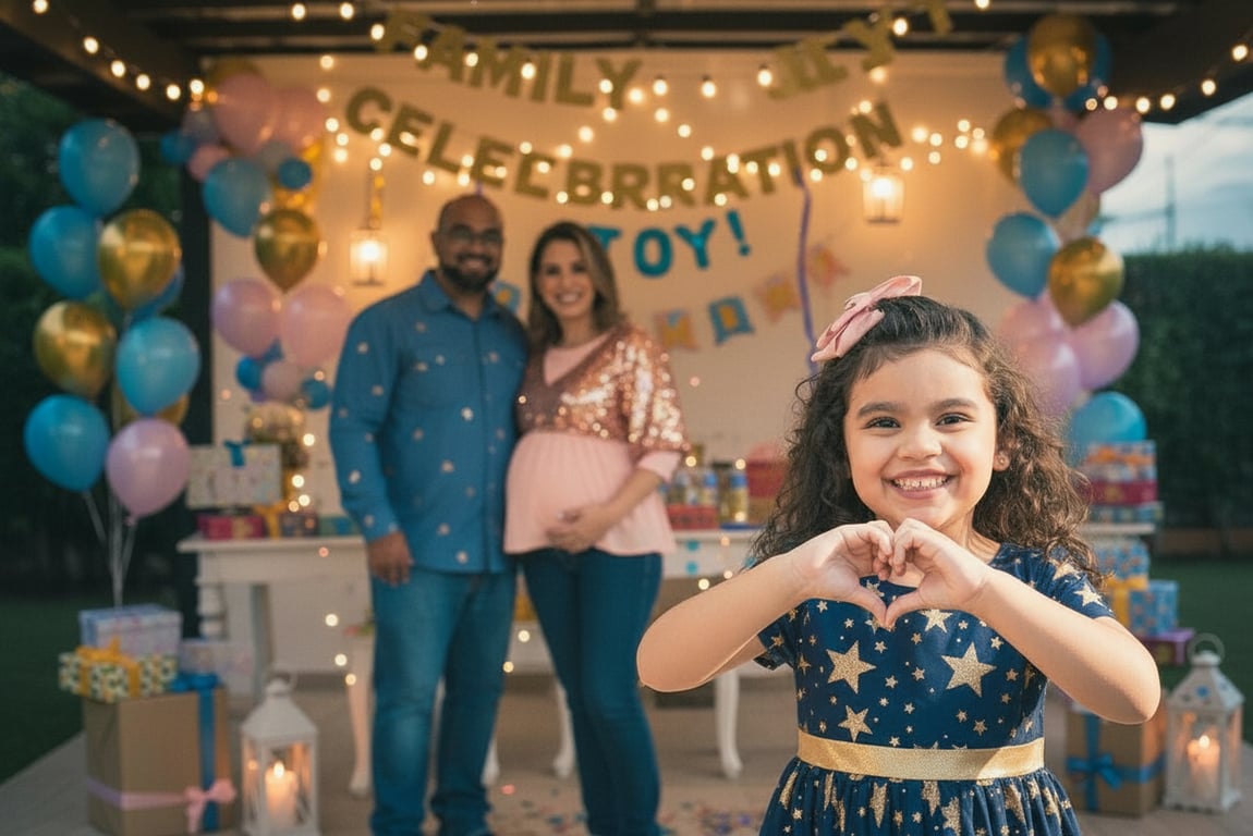 a portrait of a family transformed into a party-themed family portrait, wearing festive coordinated outfits, placed in a decorated celebration environment with balloons, banners, and soft ambient lighting, using cheerful poses, playful gestures, and lively expressions to create a joyful family celebration scene