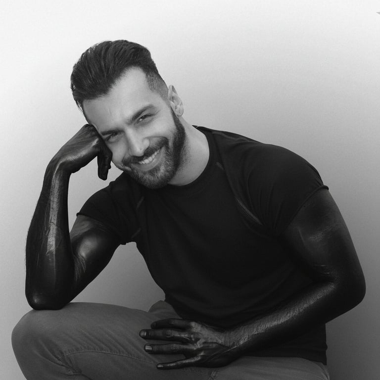 a portrait of a person transformed with Armament Haki, showing limbs coated in dark, metallic hardening effect