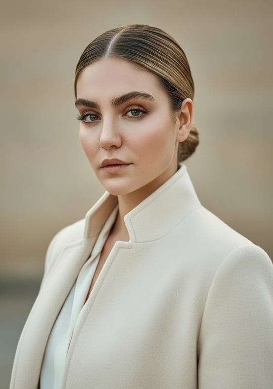 a portrait of a person styled in a classic fashion look, timeless outfit impression, clean lines, confident posture, natural facial expression, balanced lighting, and a simple elegant background
