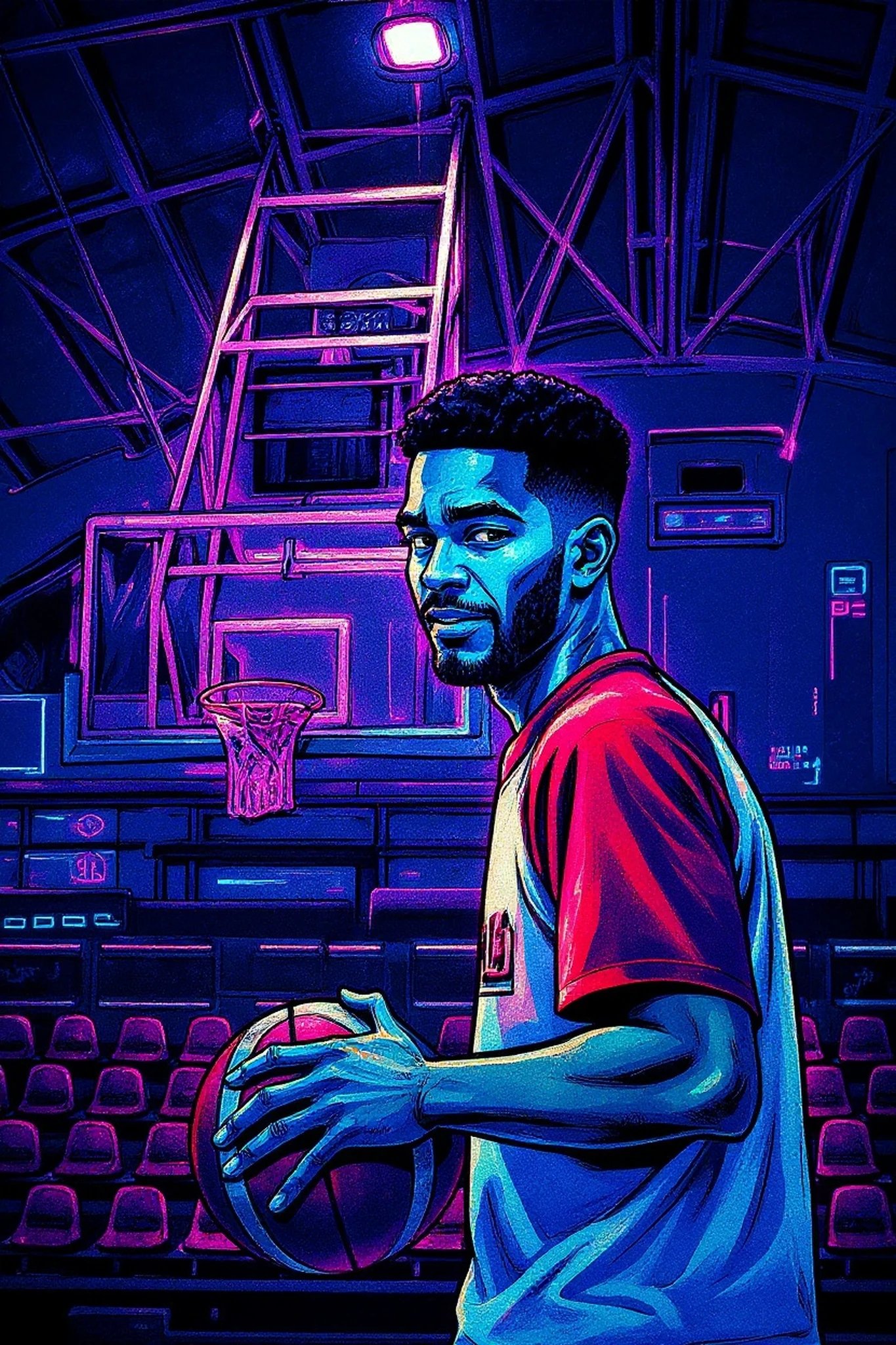 Manga art styles filter after transformation - portrait in cyberpunk manga style with neon edge lighting and tech city background