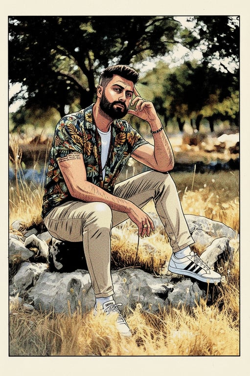 a portrait of a person recreated in a Marvel Comics graphic illustration style with clean black inking, stylized anatomy, dramatic contrast, and classic superhero tone