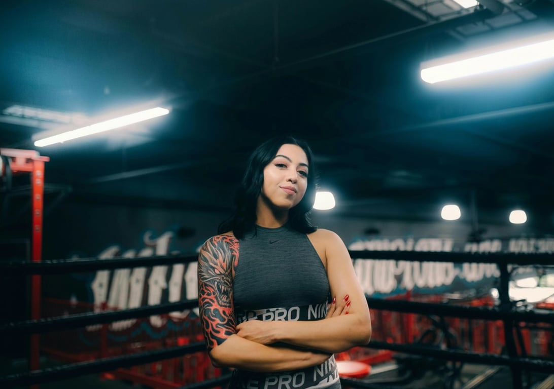 anime tattoo after photo - woman standing in a boxing field with anime tattoo