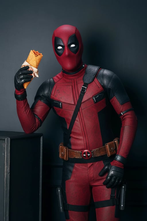 a portrait of a person edited as a comedic Deadpool, wearing the red suit but in a relaxed, casual pose with a chimichanga prop