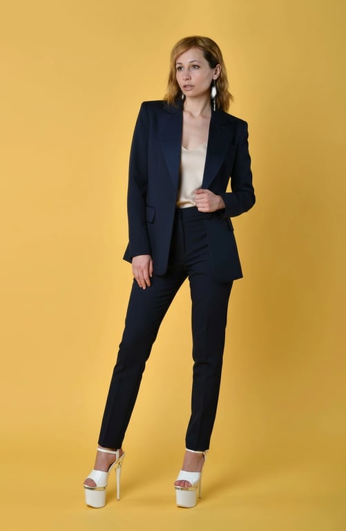 add suit to photo online free – after pic: woman in dark gray power suit and heels, confident fashion look