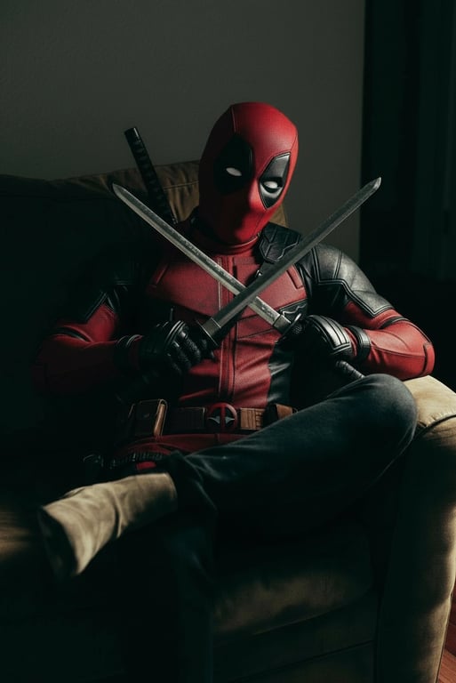a portrait of a person transformed into Deadpool's classic cosplay, wearing the iconic red suit with black details and mask, holding katanas