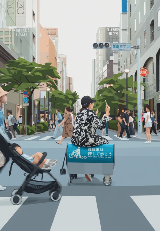 A street scene vectorized in a low-poly geometric art style, where the image is reconstructed from interconnected triangular and polygonal flat color shapes.