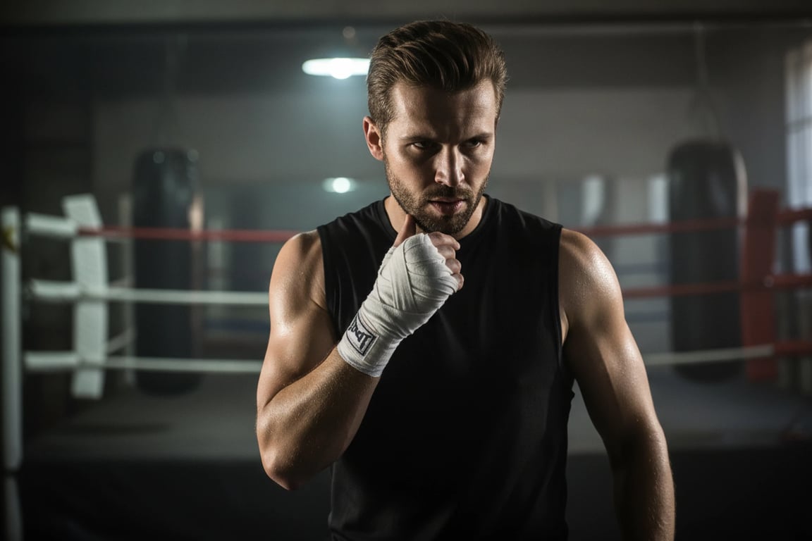 Gym Outfit filter after transformation - portrait in a boxing gym outfit with intense training vibe