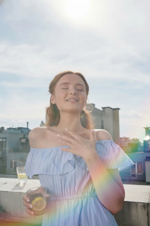 AI rainbow air filter after transformation - outdoor portrait with soft rainbow mist and shimmer