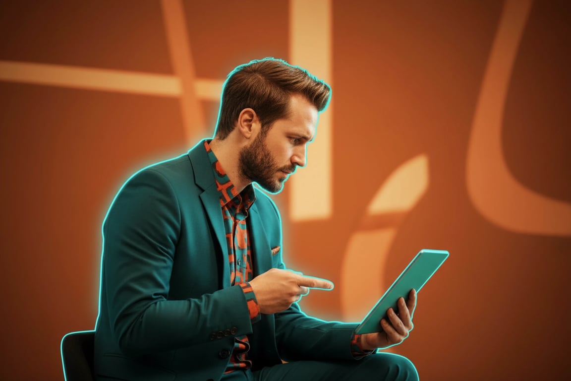 A stylized portrait of a man in teal and orange, using complementary colors to separate subject from background, dramatic rim lighting, cinematic color grading, clean studio setting.