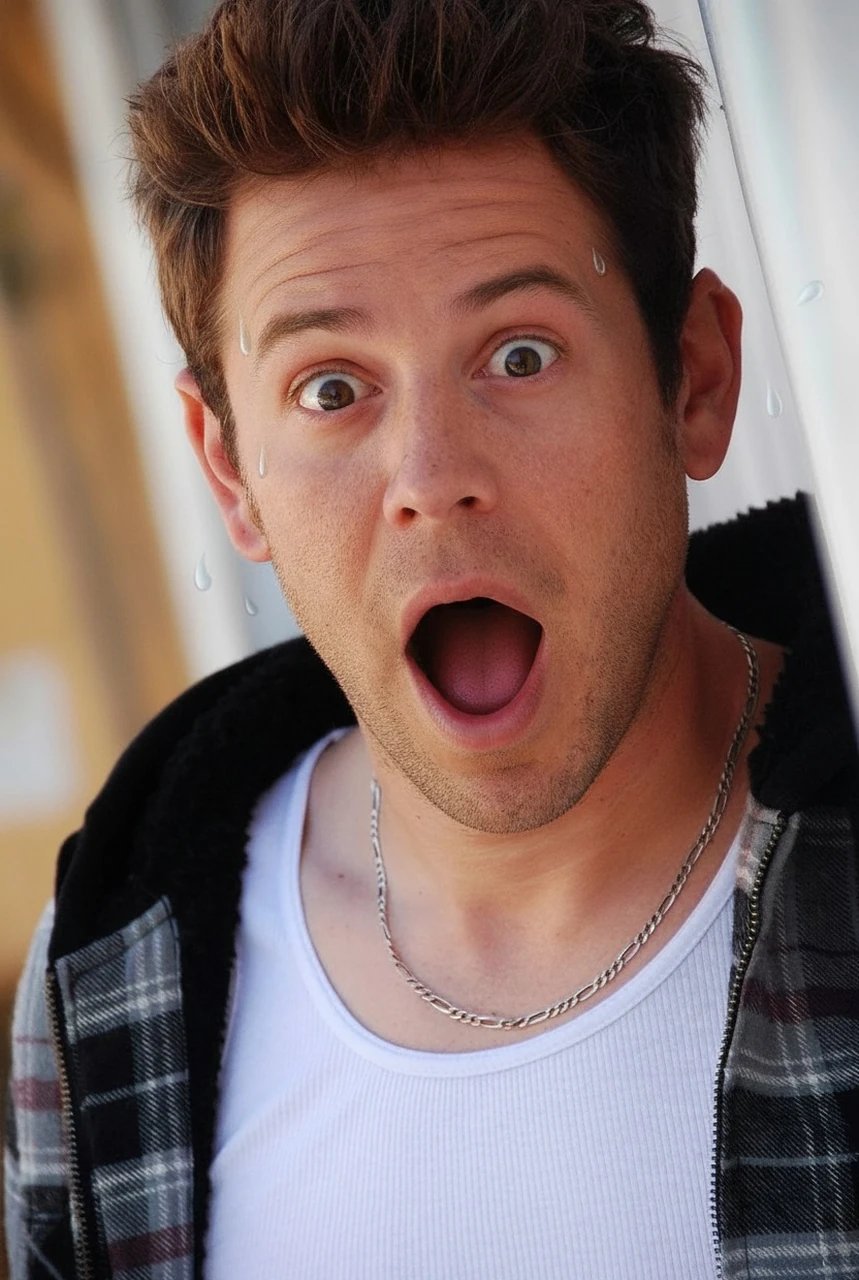 AI funny face filter after transformation - full body photo featuring funny facial distortion