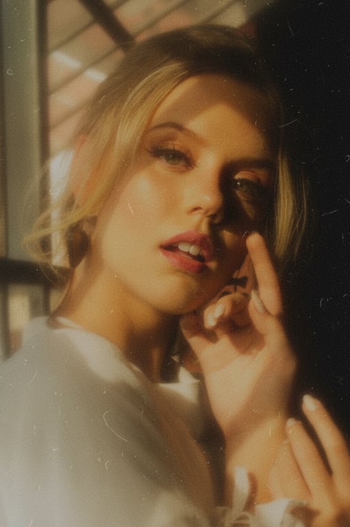 A close-up portrait where the 80s grain adds a tactile, almost painterly quality to skin texture, combined with soft, diffused backlighting.