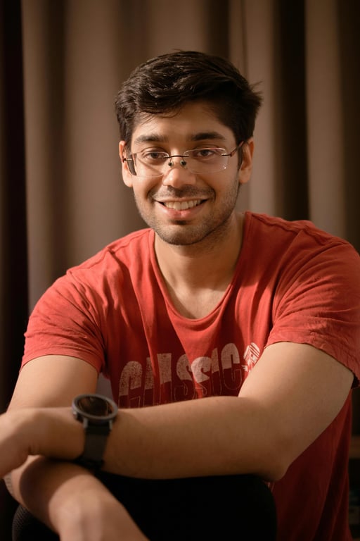 AI big eyes filter before photo - man wearing red shirt