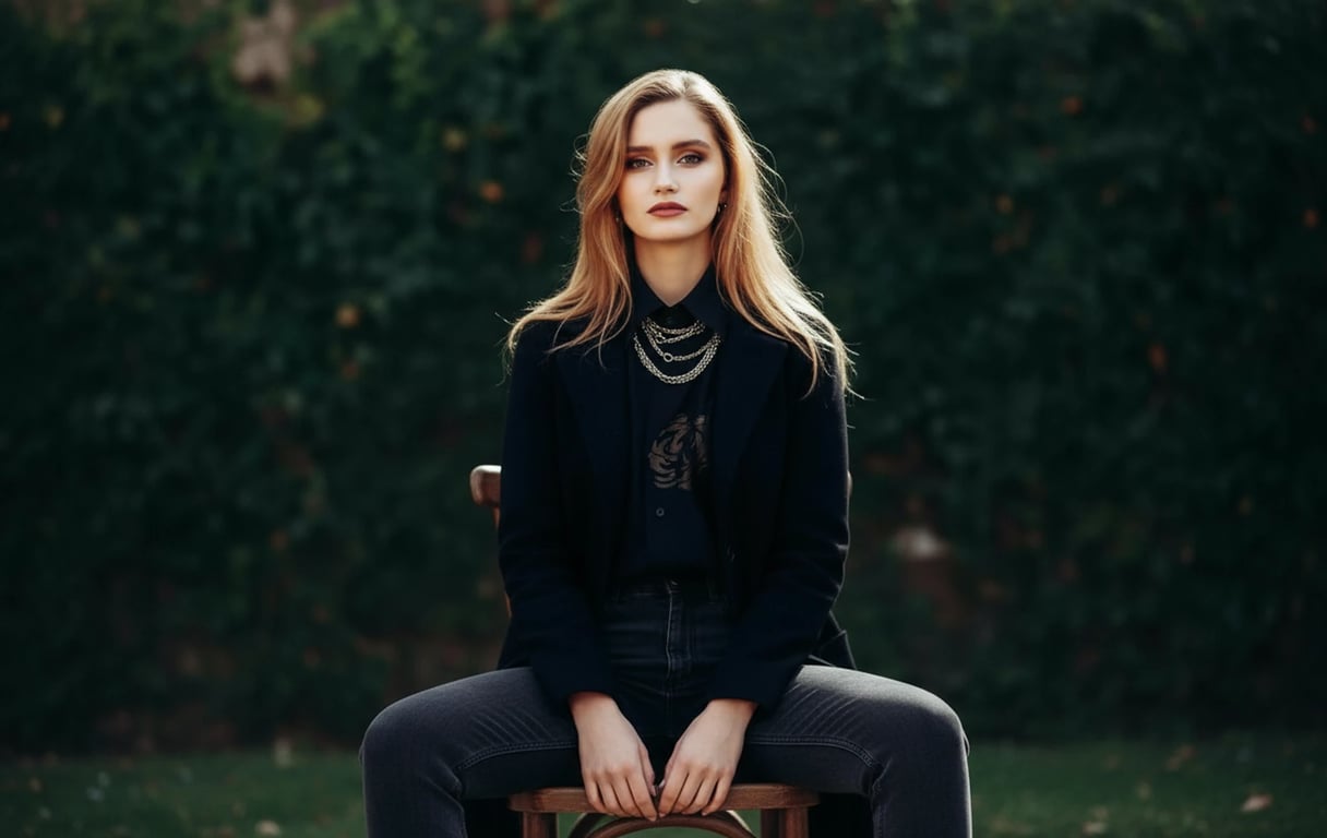 a portrait of a person with posture changed into a seated position on a chair, sitting upright but relaxed, spine naturally extended, shoulders open, feet grounded; hands resting casually on thighs or armrests; avoid rigid “formal sitting”; preserve proportions and identity; background remains unchanged
