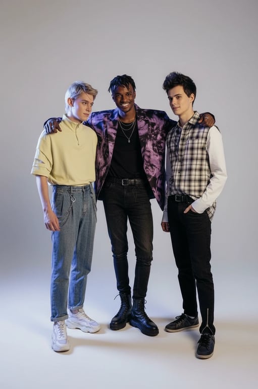 a portrait of multiple men transformed into a balanced K-pop boy group fashion set, with tailored proportions, cohesive styling direction, visible garment structure, neutral background, and professional idol presentation