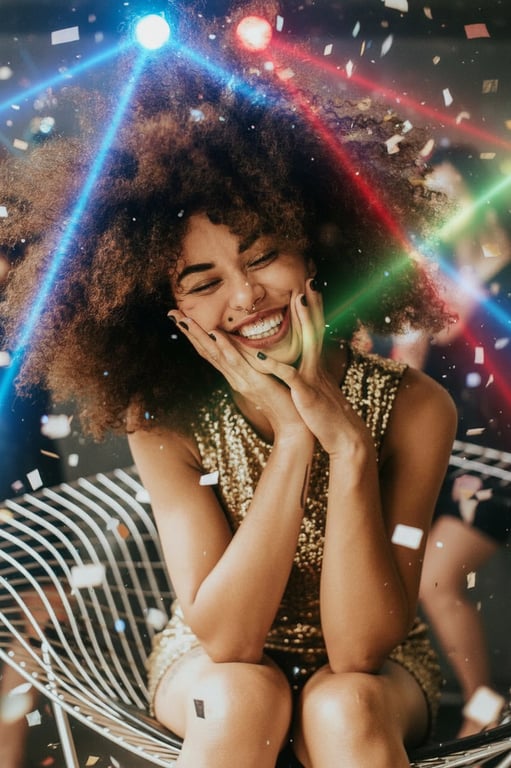 a portrait transformed into a bold metallic gold party outfit with flashing lights and a high-energy celebration mood