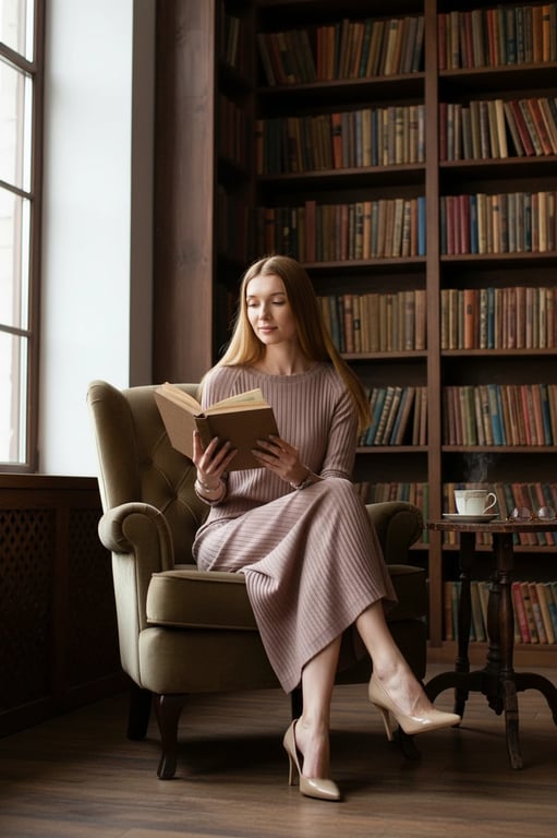 a portrait of a person doing a favorite activity alone, like reading in a bookstore, projecting a calm and introspective vibe