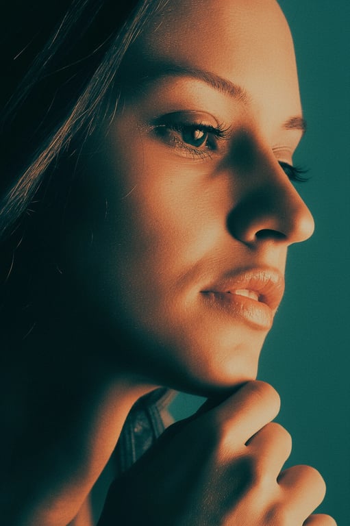 A compelling portrait of a woman using the teal and orange color palette, with teal dominating the background and orange illuminating the face, cinematic lighting, sharp details.