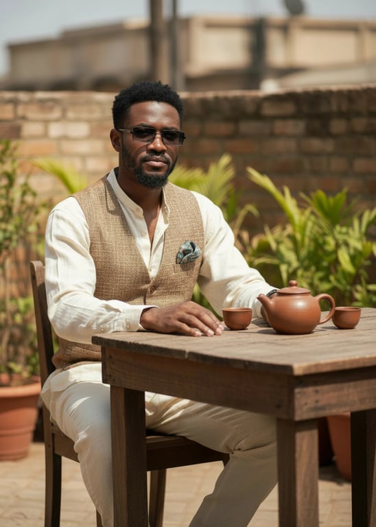 Tea Party Outfits filter after transformation - portrait in linen shirt and vest tea party outfit with rustic table setting