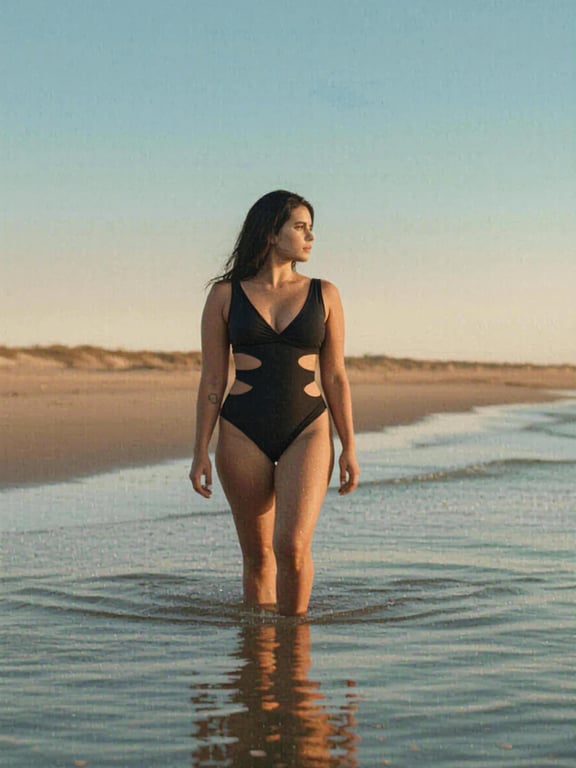 a portrait of people wearing swimwear, edited to change the bathing suit into a new style with clearly defined swimsuit cut, adjusted neckline and leg opening, realistic fabric stretch, natural body proportions, smooth edge transitions around skin, balanced lighting, and a clean beach or poolside background