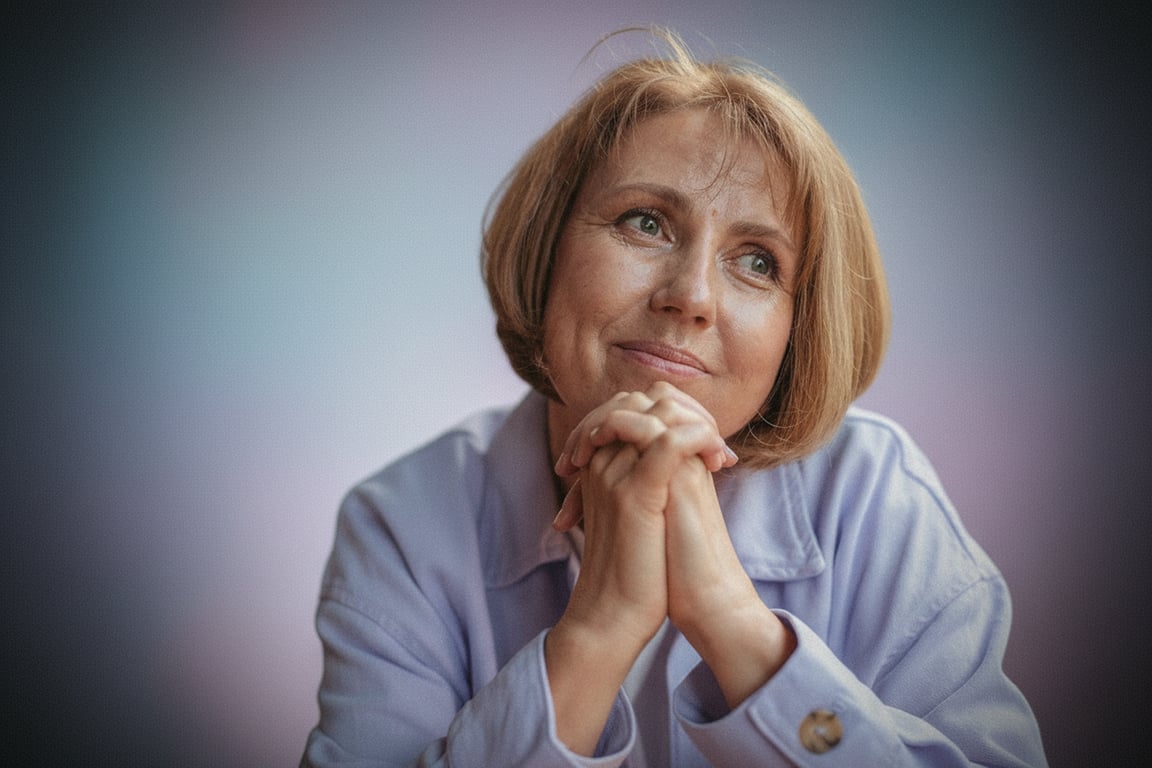 a headshot of a woman, analog 80s studio portrait, fine film grain, soft studio lighting with a vignette, muted pastel background.