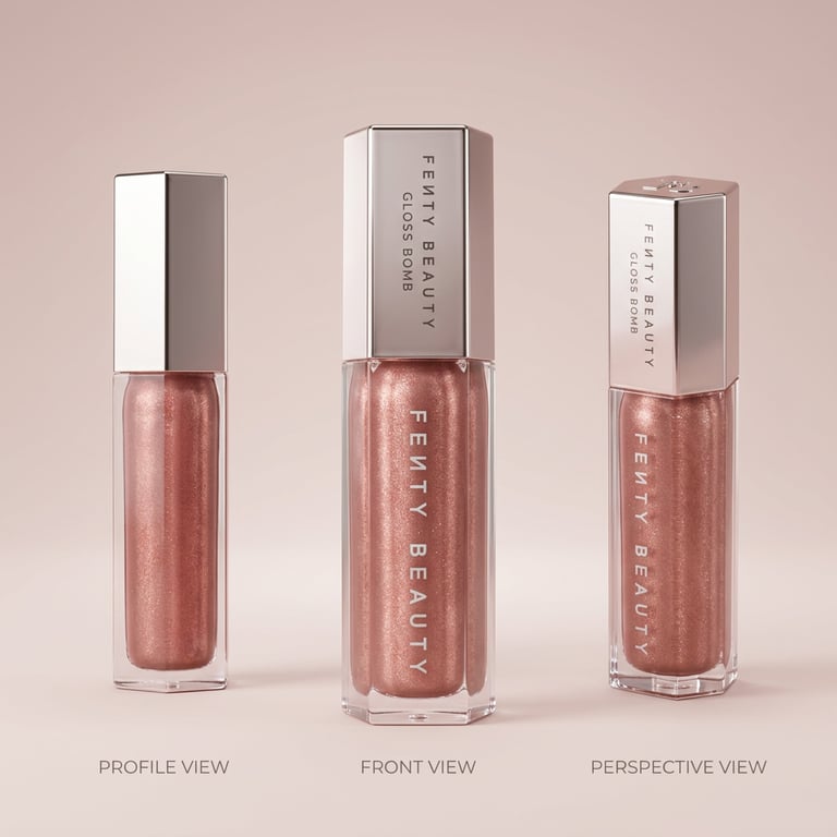 Generate a single image that presents the same lipstick in multiple angles within a clean ecommerce layout, including one main front view (center, largest), one side view (showing the profile, depth, and structural details), and one three-quarter perspective view (slightly rotated to show overall shape and texture). Arrange all views in a clean, balanced horizontal layout where the front view is the most prominent and secondary views are smaller and aligned neatly. All views must represent the exact same product with the same shape, color, and details — no variation in design or style between views. Use a clean light pink or neutral background with soft studio lighting, high clarity and realistic material rendering, and a professional ecommerce product photography style.