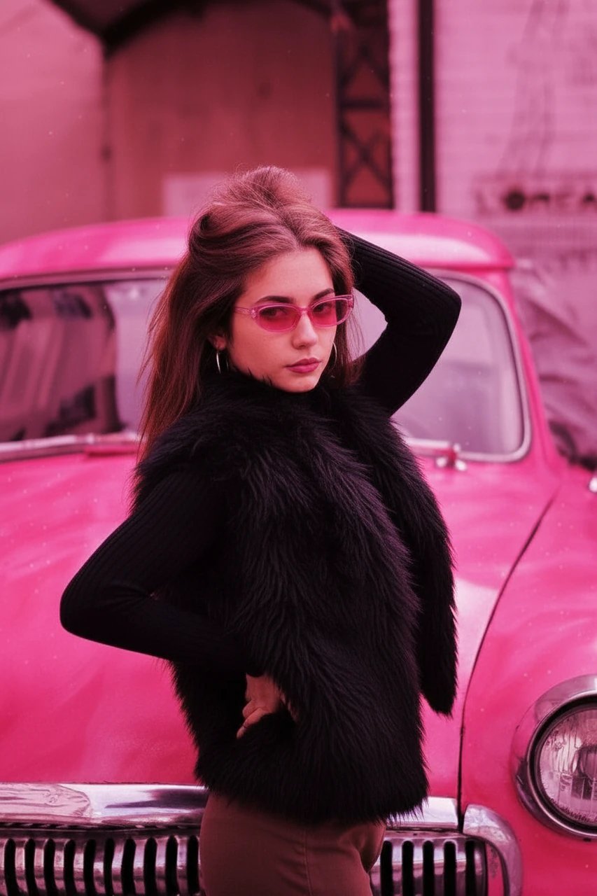 Photo edited with a McBling aesthetic featuring a pink fur-trimmed jacket and Y2K color palette.