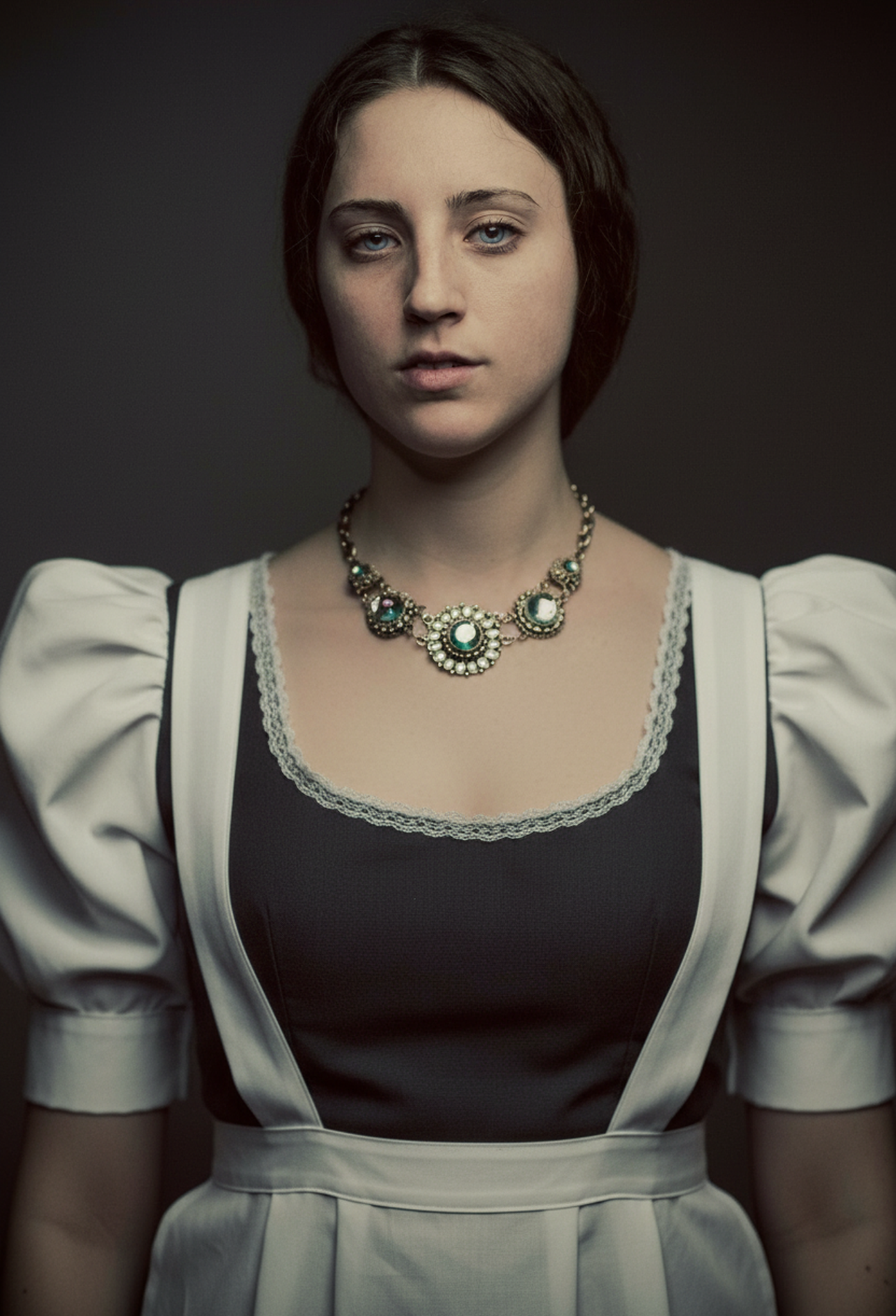 Rendered in a Victorian inspired maid uniform with puffed sleeves and lace trim accents.