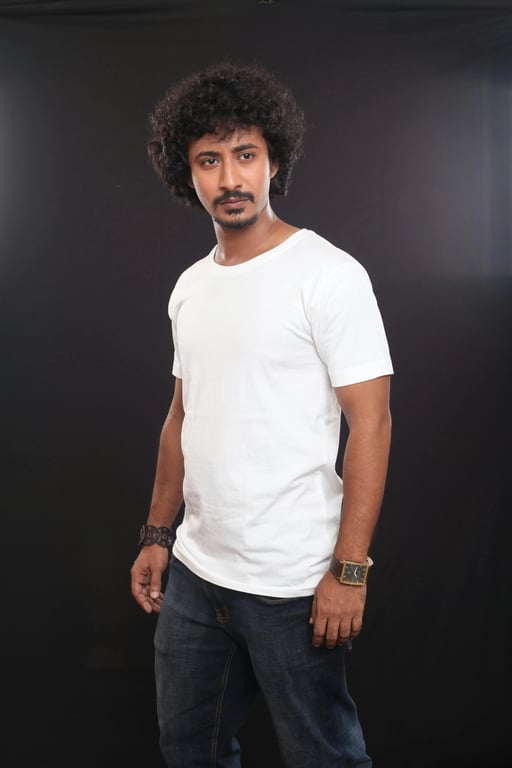 add suit to photo online free – before pic: man in white t-shirt standing casually