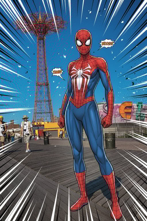 a portrait of a person fully transformed into a spider hero character, wearing a detailed spider suit with web textures, emblem placement, and athletic silhouette, presented in a heroic comic-book style