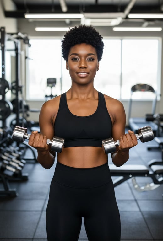 Gym Outfit filter after transformation - portrait in a strength training gym outfit with clean weight-room mood