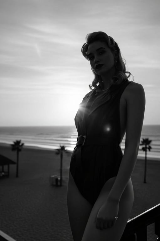 a portrait edited into a vintage high-waisted bikini with polka dots and a classic 1950s seaside atmosphere
