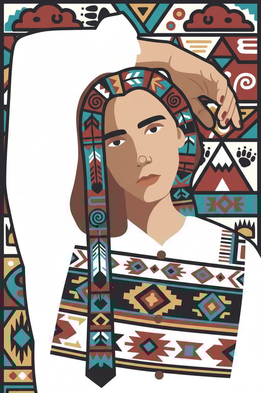 a portrait of a person transformed into a high-quality indigenous American art illustration avoiding stereotypes, excessive ornamentation, or cinematic realism