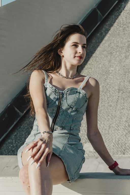 AI Mermaid filter before pic - woman in denim outfit