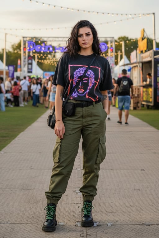 Festival Outfits filter after transformation - portrait wearing simple comfortable festival outfit with relaxed fit and small bag