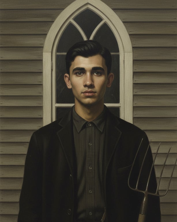 a portrait of a person illustrated in a Grant Wood–inspired American Gothic style with stiff pose, direct gaze, smooth realistic surfaces, minimal visible brush texture, muted midwestern tones, clear contours, and a disciplined traditional American painting look