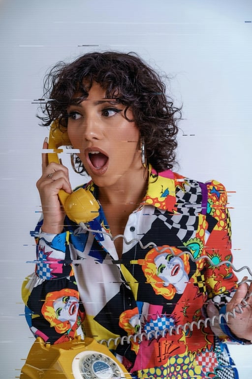 AI glitch effect filter after transformation - influencer photo with neon glitch overlay