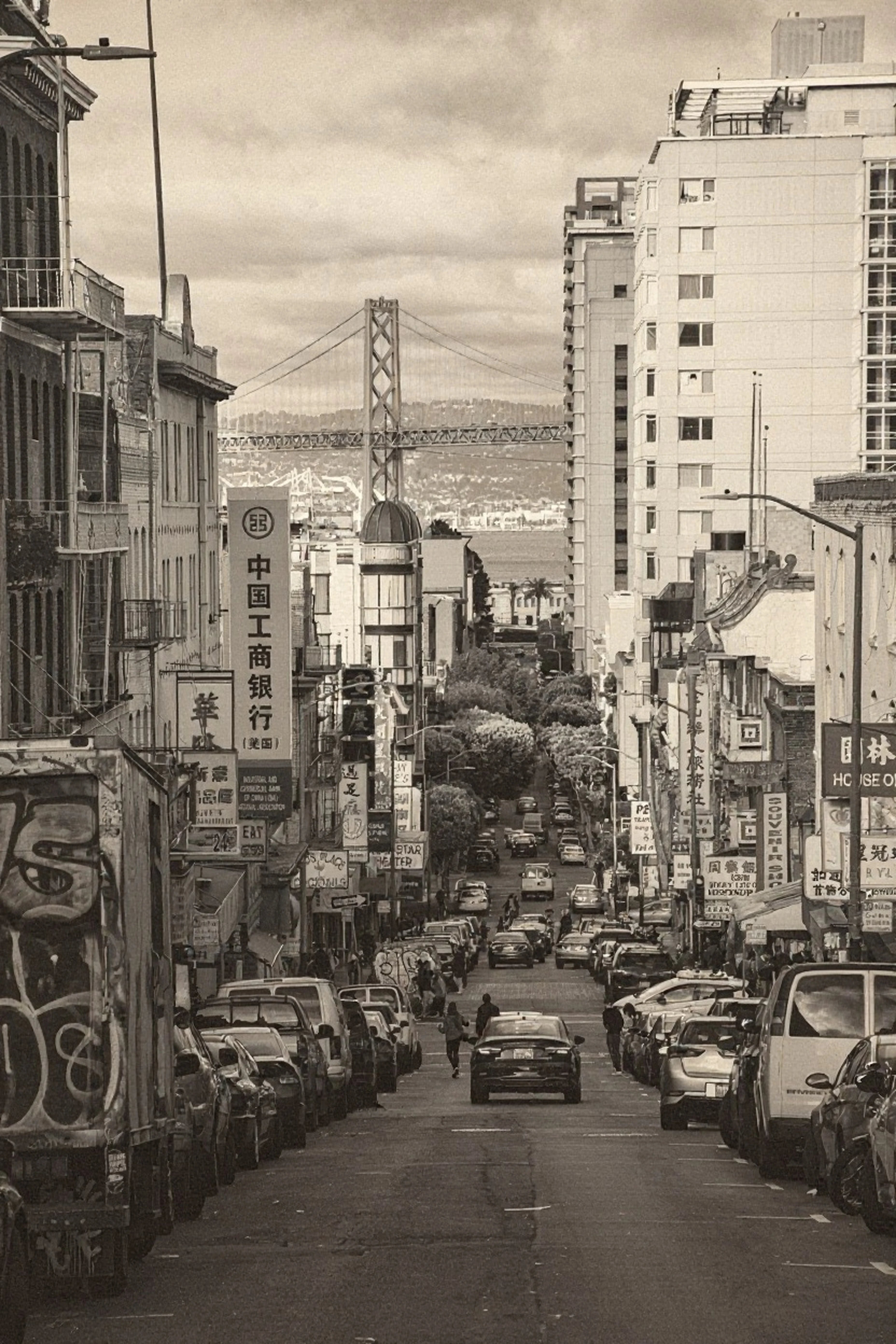 AI vintage filter after photo - vintage style street shot of Chinatown in San Francisco