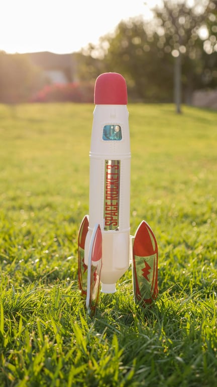 A child-like crayon drawing of a rocket ship in space, with stars scribbled as dots, the rocket colored outside the lines, simple shapes.