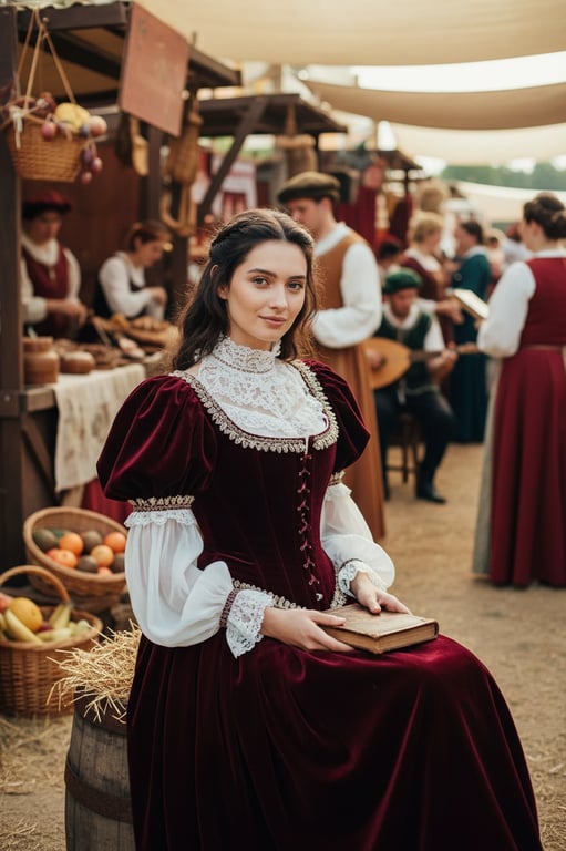 renaissance festival outfits filter after transformation - portrait in a noblewoman renaissance outfit with busy fair stalls and warm ambience