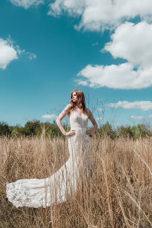 AI wedding dress after pic-woman portrait in wedding dress in field