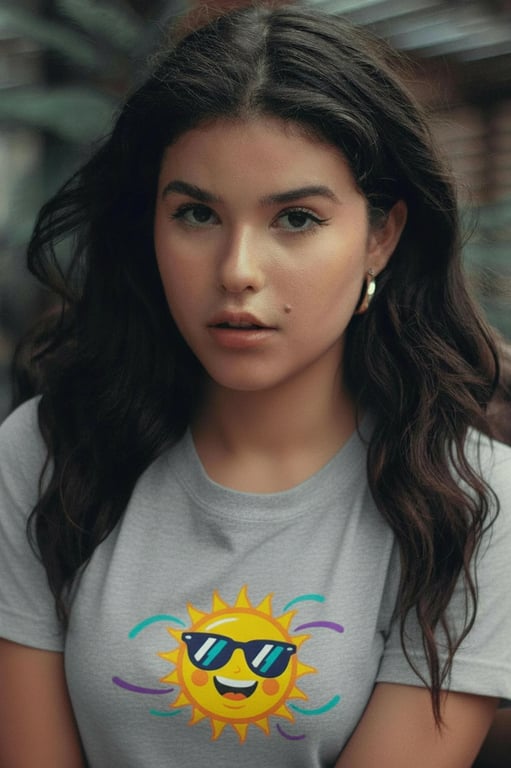 a portrait of a person transformed to wear a T-shirt with a custom fun logo, ensuring the logo is centered or intentionally placed, proportionally scaled, aligned with shirt seams, subtly distorted by fabric folds, and blended naturally with the original shirt material and lighting