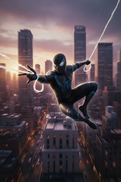 a portrait of a person transformed into a spider hero mid-action, wearing a spider suit, one arm extended shooting web strands, body angled dynamically as if swinging through the city, motion blur accents, dramatic lighting, and high-energy superhero feel